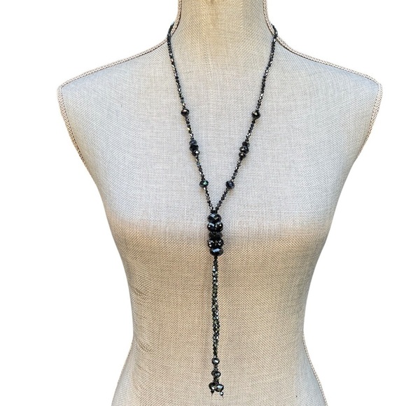 Hand Crafted Jewelry - HANDMADE Swarovski Crystals Drop Necklace Charcoal with Silver 40 Inches Long